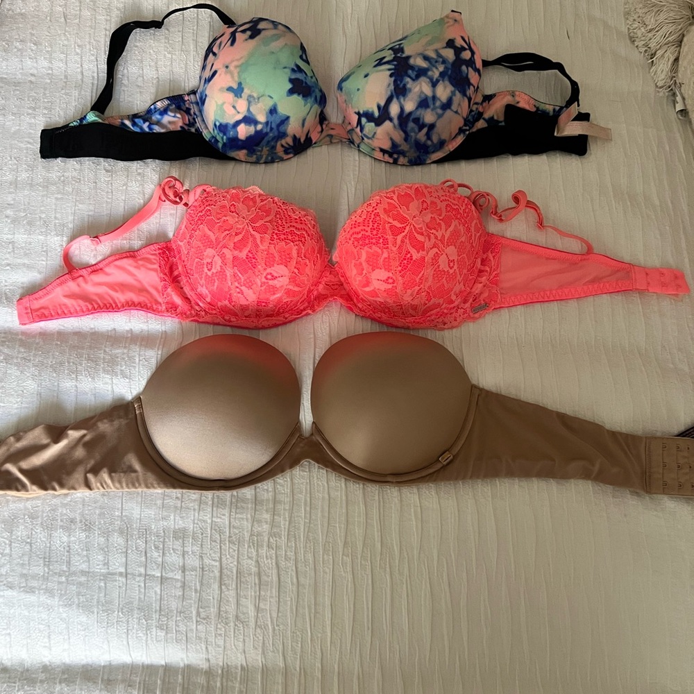 Victoria's Secret Multicolor, Pink Lace, and Tan Bras Trio 34D